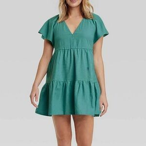 Teal V-Neck Tiered Babydoll Dress
